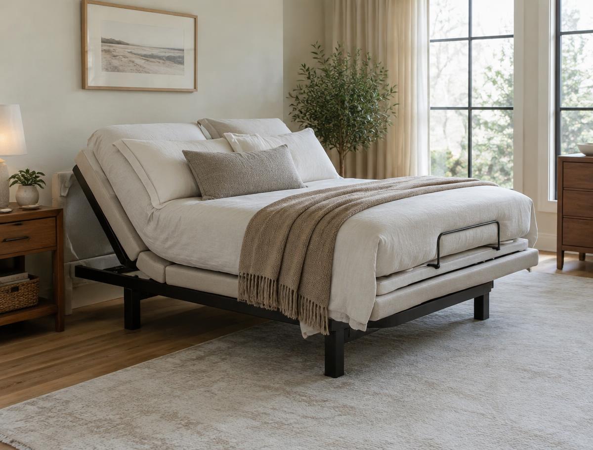 Adjustable bed base with the head raised in a bright bedroom