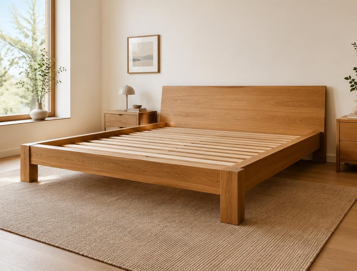 Solid oak platform bed frame with wooden slats in a minimal bedroom