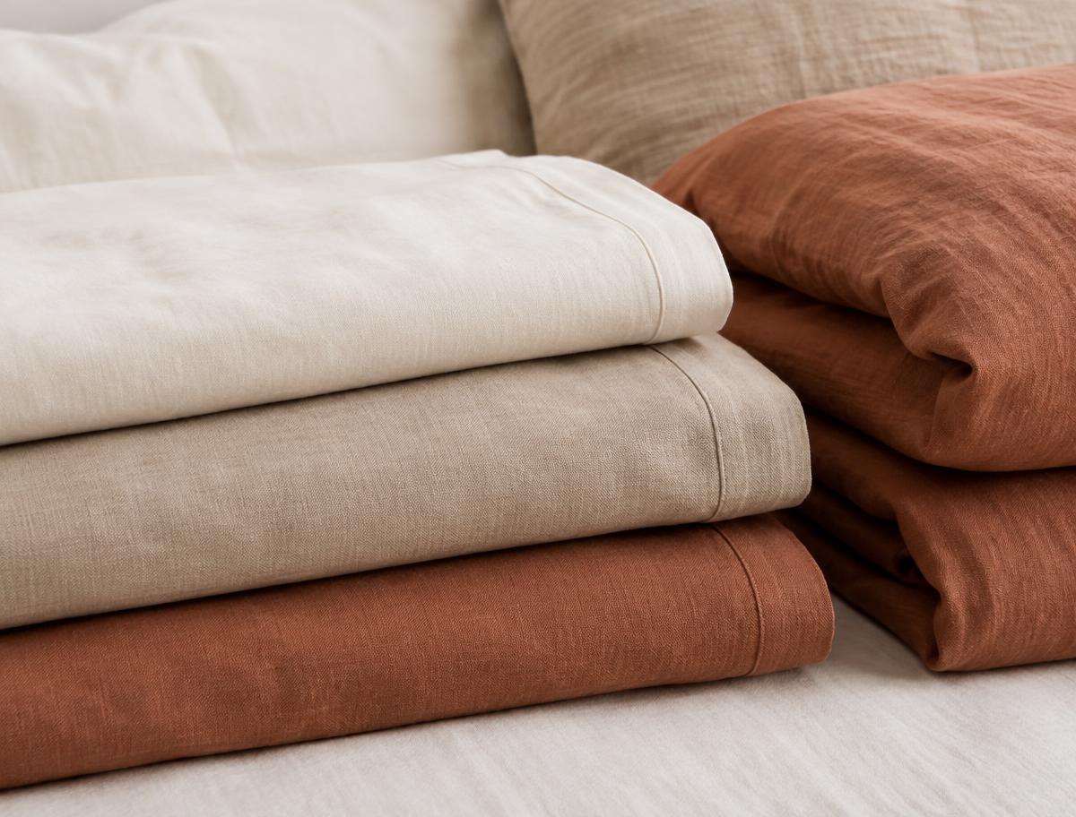 Folded cotton and linen sheets in cream, sand and terracotta