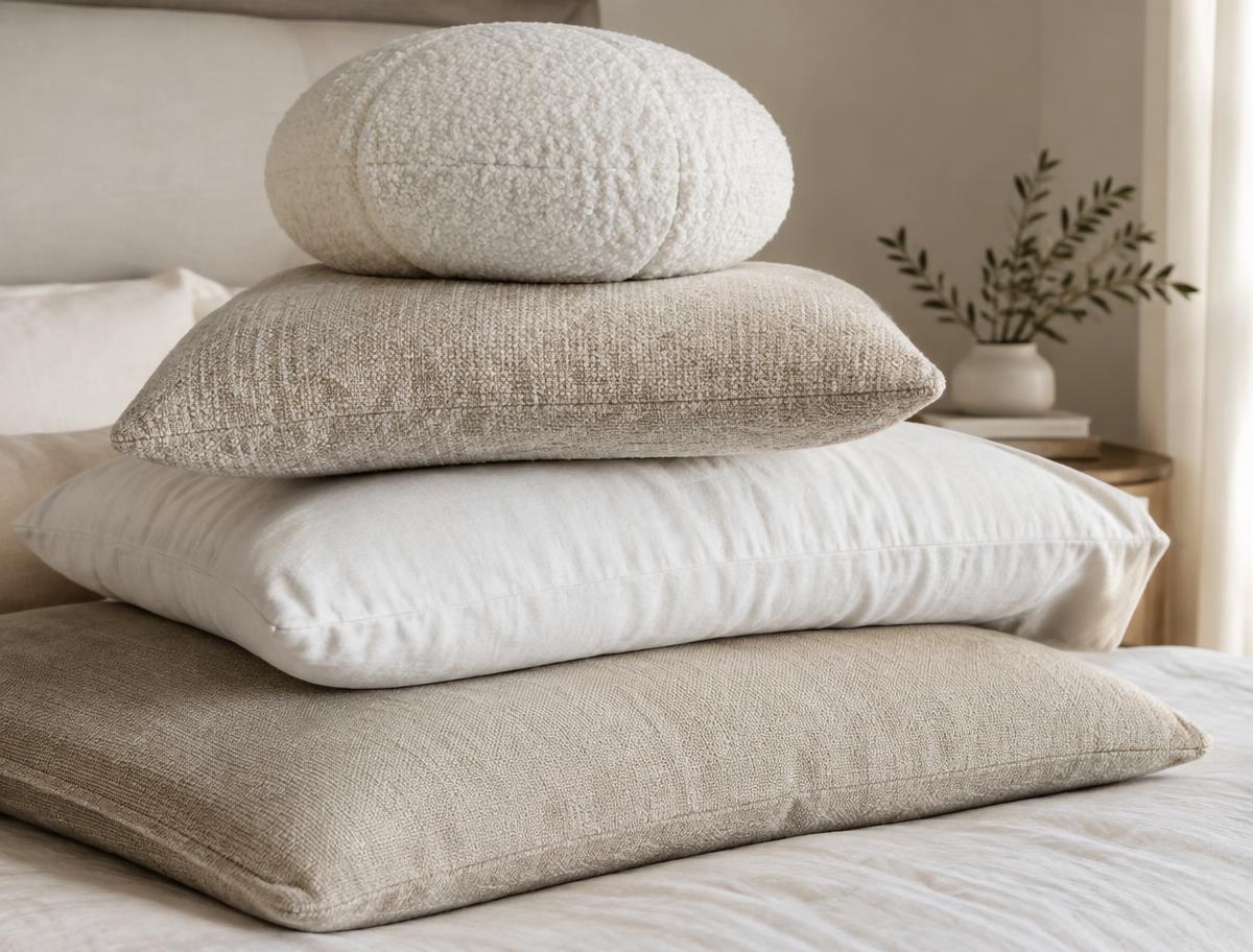 Stack of pillows in white and oatmeal fabrics on a bed