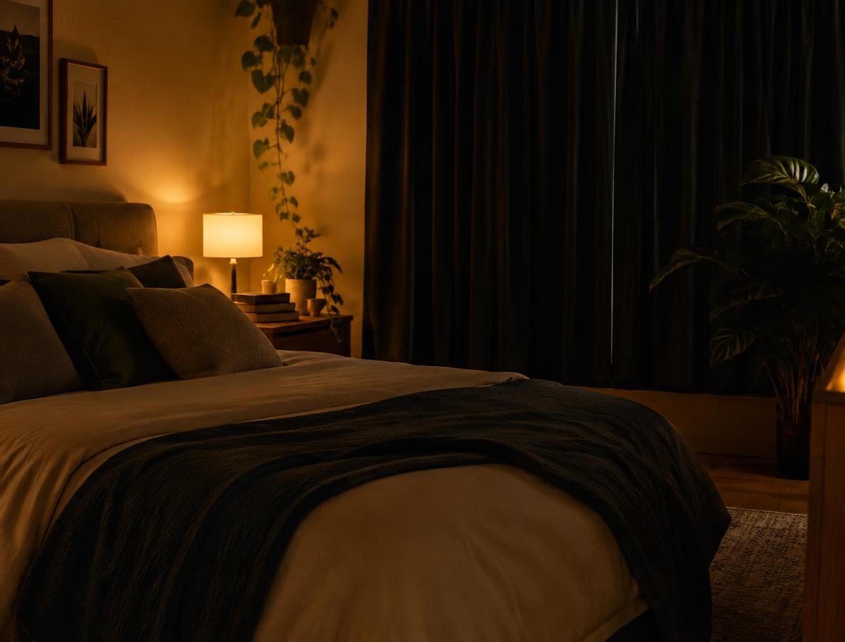 Neatly made bed in a bright bedroom